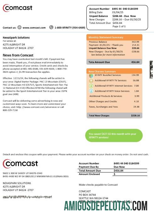 Em branco modelo de conta de serviços públicos da Comcast dos EUA, Utah, em formatos Word e PDF, versão 2